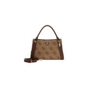 Guess brown print handbag with shoulder strap featuring beige monogram pattern brown leather handles and gold hardware