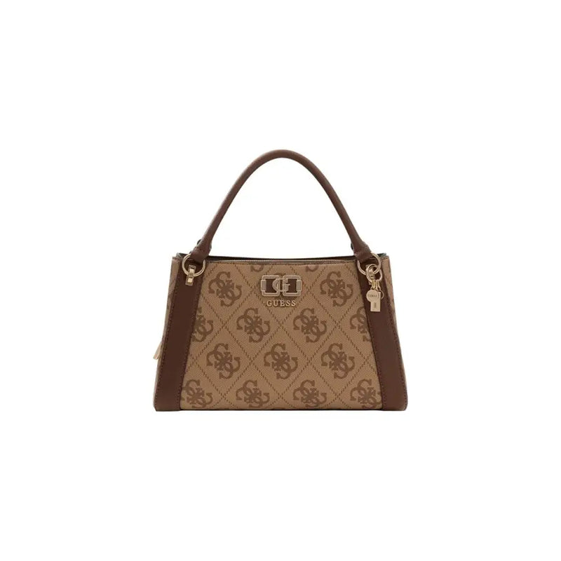 Guess brown print handbag with beige and brown logo pattern leather handles and gold tone hardware shoulder strap