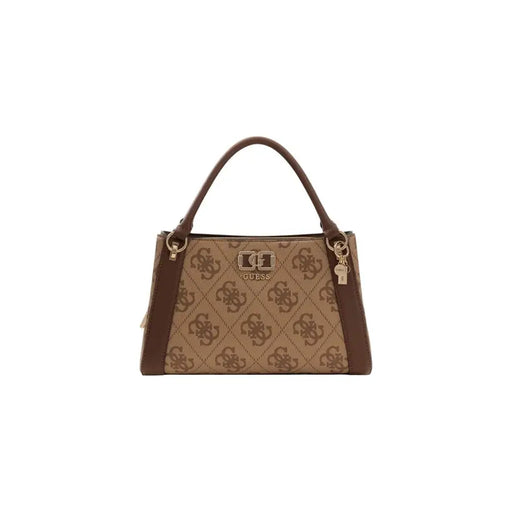 Guess brown print handbag with beige and brown logo pattern leather handles and gold tone hardware shoulder strap