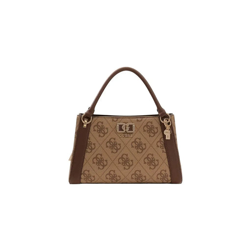 Guess brown print handbag with beige and brown logo pattern leather handles and gold tone hardware shoulder strap