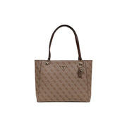 Beige Guess tote bag with brown leather handles and a repeating logo pattern featuring zip pockets design