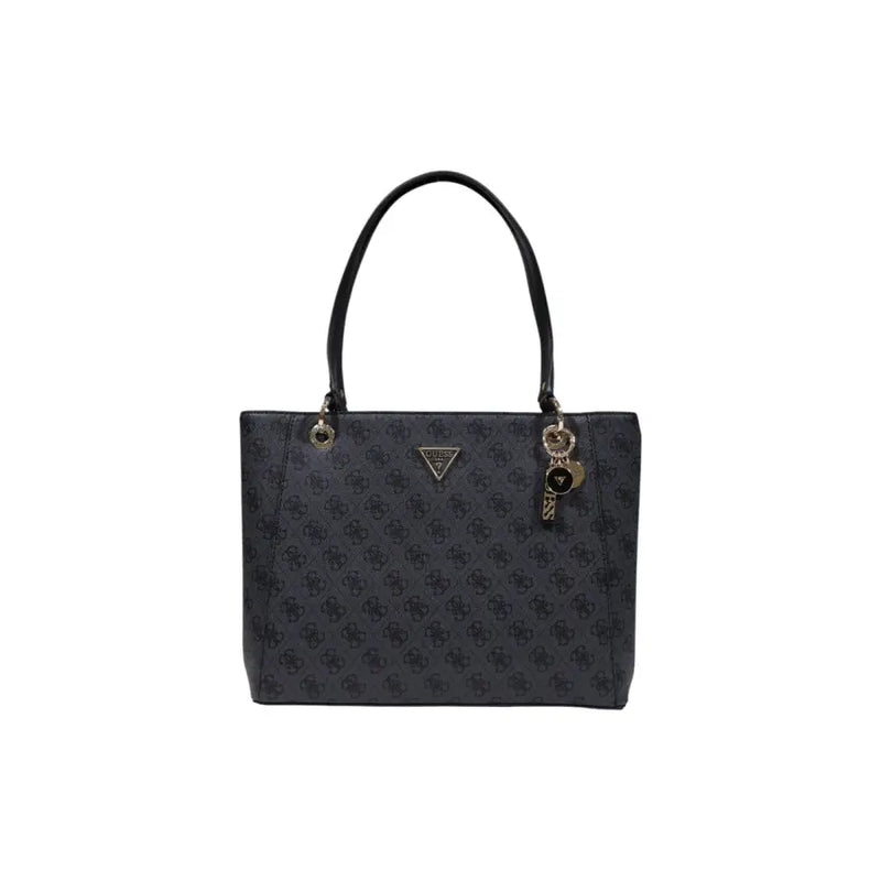 Guess Sac à main noir orné d'un motif logo répété et de détails dorés.