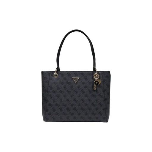 Guess Schwarze Handtasche mit sich wiederholendem Logomuster und goldfarbenen Beschlägen