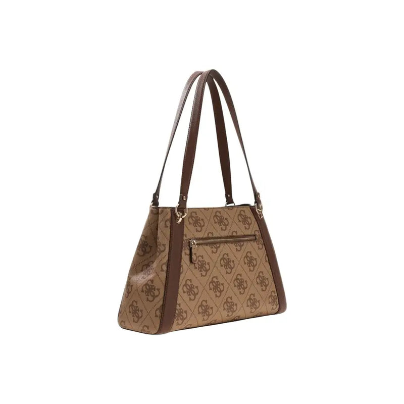 Beige and brown patterned Guess polyuethane handbag with repeating monogram design and leather straps 38x25x13 cm