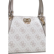 White Guess handbag with repeating gray monogram pattern and light gray leather handles in polyurethane material
