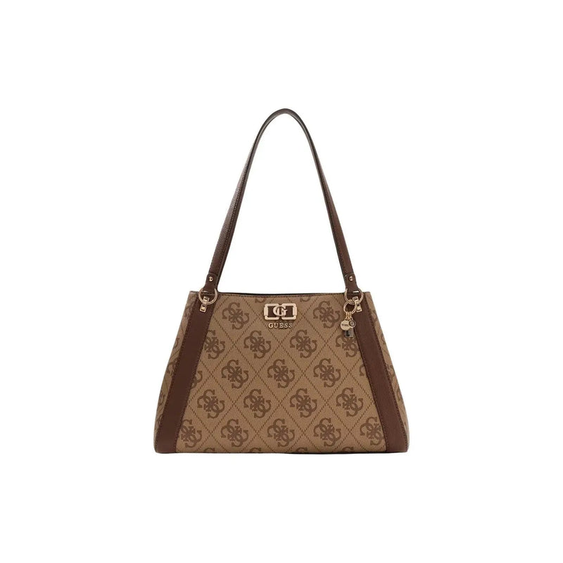 Guess brown print polyurethane handbag with monogram pattern, 38x25x13 cm