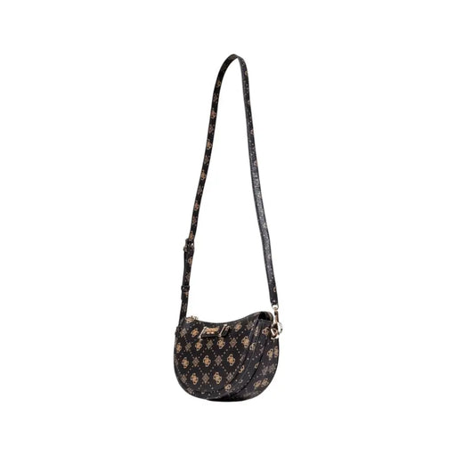 Black Guess crossbody bag with gold-toned monogram pattern and matching strap shown as a brown print shoulder bag with zip pocket