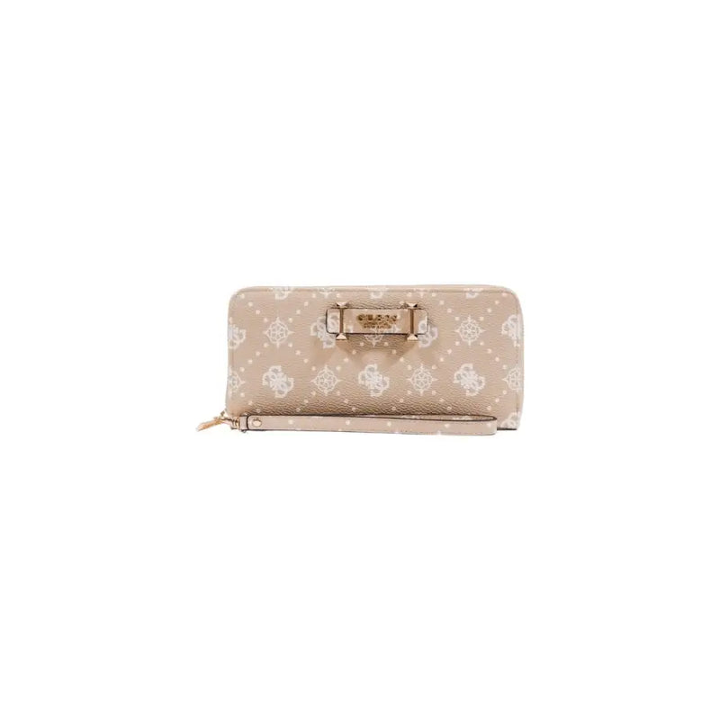 Guess beige wallet with white print, gold hardware, zip and pockets