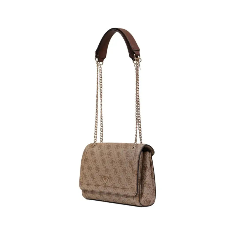 Beige Guess brown printed polyurethane handbag for women with brown leather top handle and gold-tone chain strap featuring logo pattern