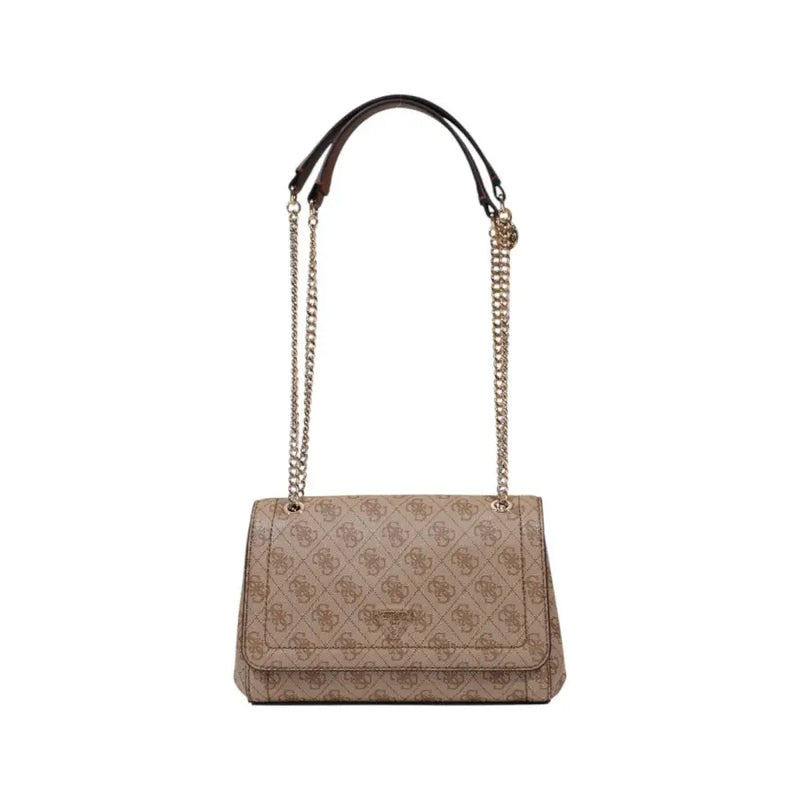 Beige guess brown printed polyurethane handbag for women with repeating logo pattern and gold-tone chain strap