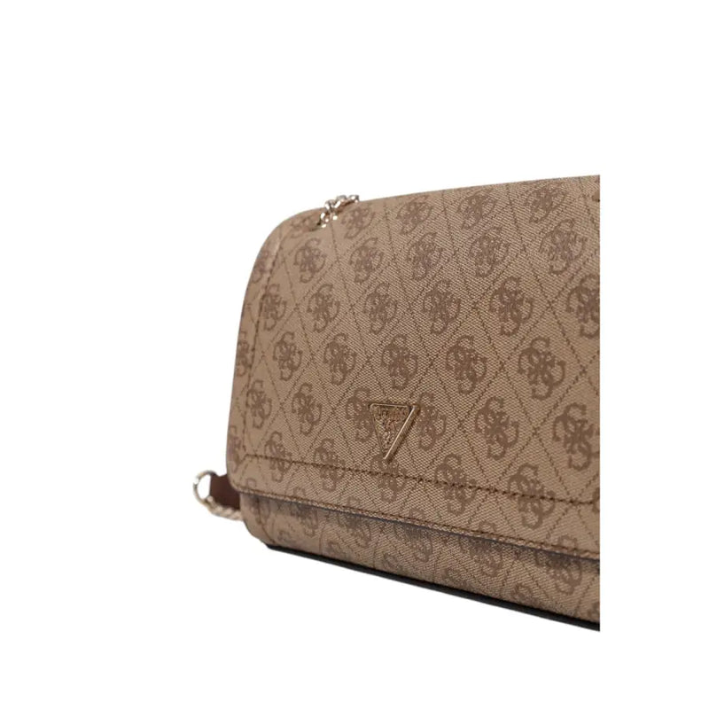 Beige guess crossbody bag with repeating logo pattern and gold-tone triangular emblem in polyurethane for women
