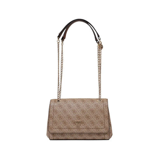 Beige guess brown printed polyurethane handbag for women with repeating logo pattern and gold-tone chain strap