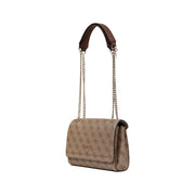 Beige Guess brown printed polyurethane handbag for women with brown leather top handle and gold-tone chain strap featuring logo pattern