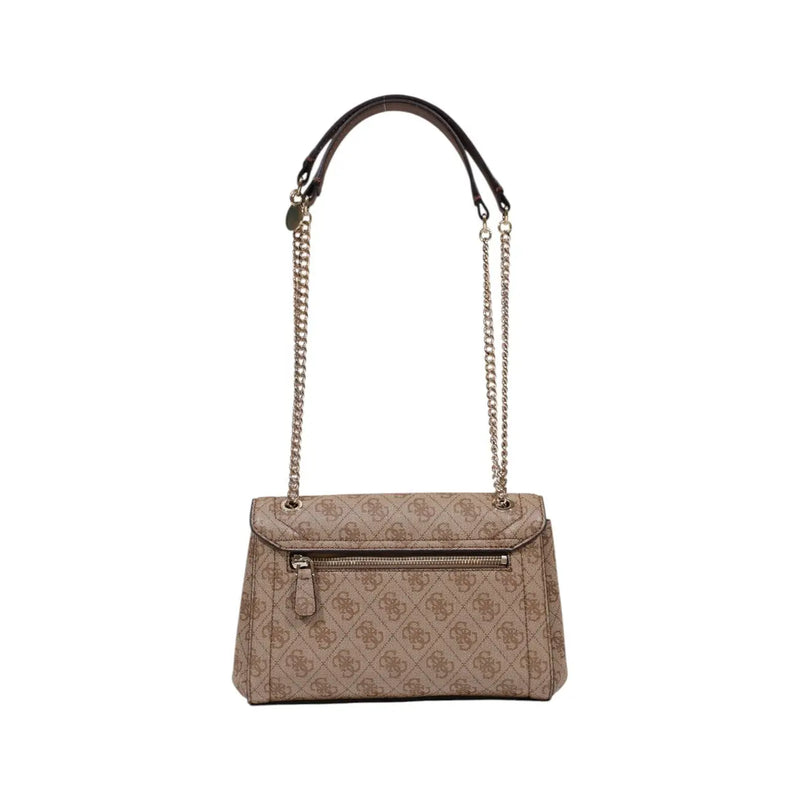Beige Guess polyurethane handbag for women with quilted texture, repeating logo pattern, and gold-tone chain strap