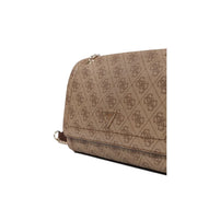 Beige guess crossbody bag with repeating logo pattern and gold-tone triangular emblem in polyurethane for women