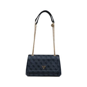 Guess dark blue handbag with repeating logo, black handle, gold chain strap