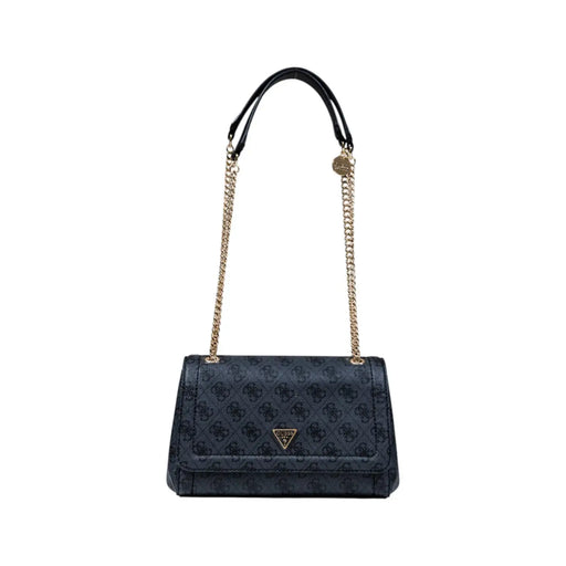 Guess dark blue handbag with repeating logo, black handle, gold chain strap
