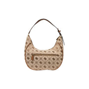 Beige Guess monogram crescent shoulder bag with brown leather trim for women