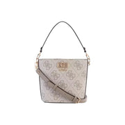 Guess beige handbag with monogram pattern, gold hardware, top handle, adjustable strap, pockets
