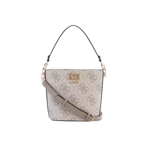 Guess beige handbag with monogram pattern, gold hardware, top handle, adjustable strap, pockets