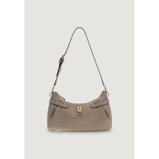 Taupe leather shoulder bag with gold-tone hardware and structured curved design from Guess with zip closure