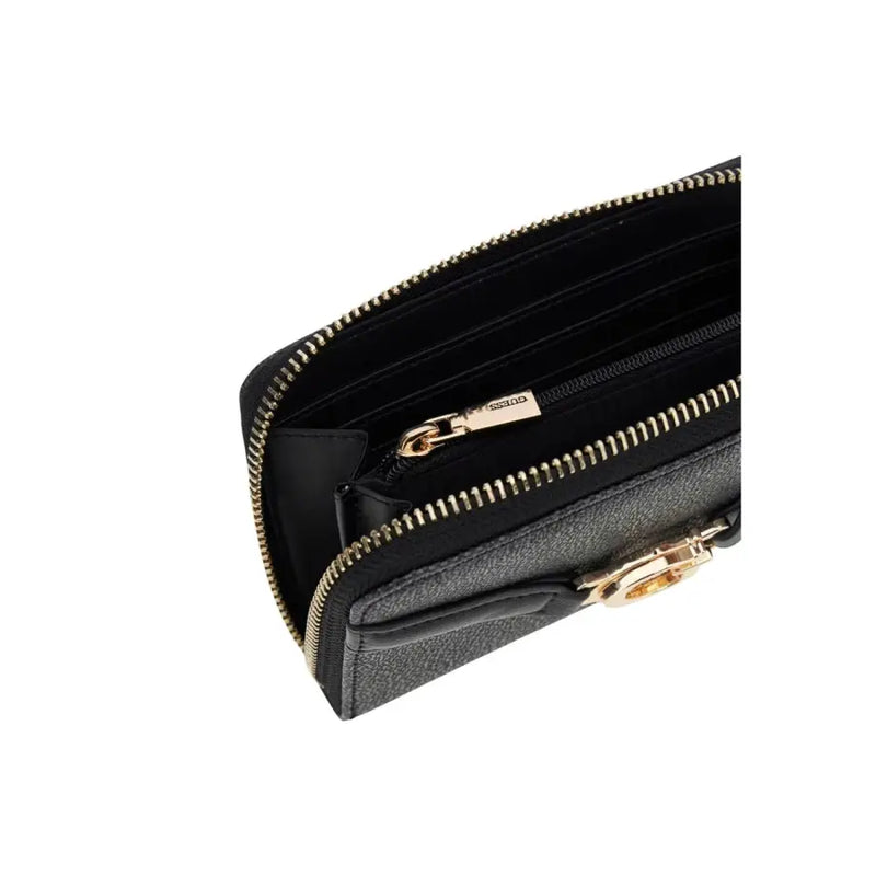 Guess Grey Polyurethane Zip Wallet with Black Textured Design and Gold-Tone Zippers