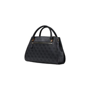 Black Guess handbag with subtle repeating logo pattern and gold-tone hardware featuring a shoulder strap