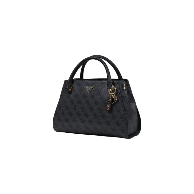 Black guess handbag with embossed logo pattern gold-tone hardware and shoulder strap in grey print design