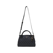 Black Guess handbag with subtle repeating logo pattern and matching shoulder strap for stylish everyday use