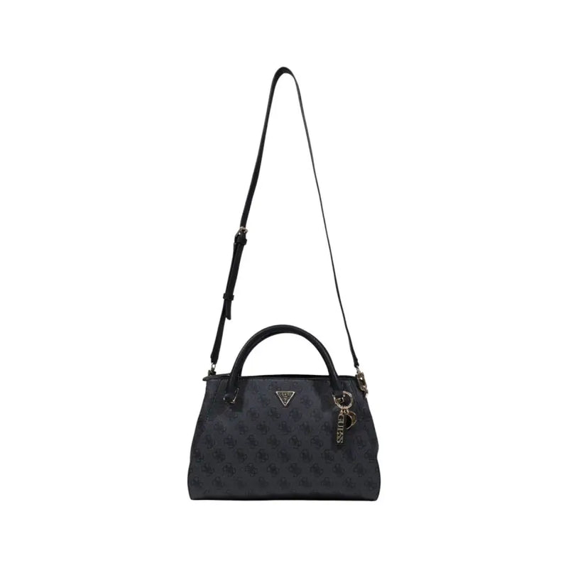 Black Guess handbag with subtle repeating logo pattern and matching shoulder strap for stylish everyday use