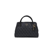 Black guess handbag with repeating monogram pattern and gold-tone hardware featured as grey print handbag with shoulder strap