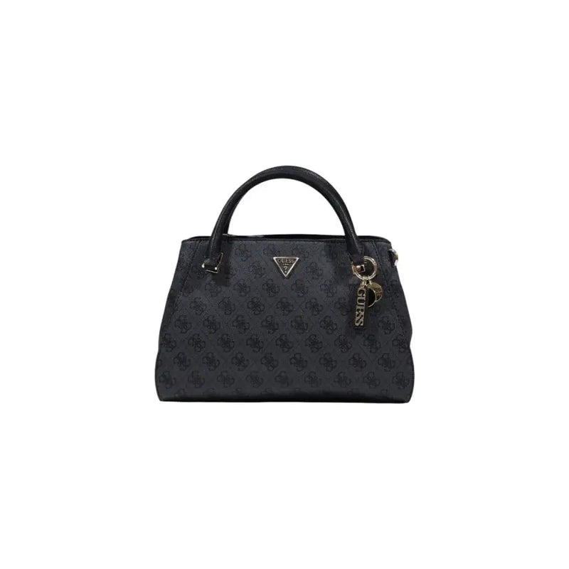 Black guess handbag with repeating monogram pattern and gold-tone hardware featured as grey print handbag with shoulder strap
