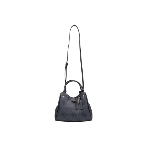 Guess grey print handbag with black leather handles and shoulder strap featuring a repeating logo pattern