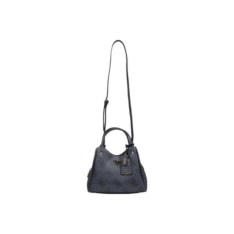 Guess grey print handbag with black leather handles and shoulder strap featuring a repeating logo pattern