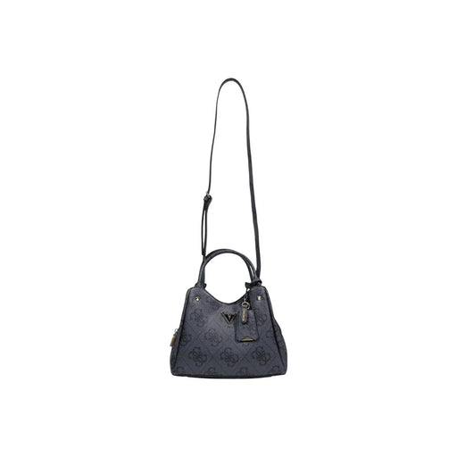 Guess grey print handbag with black leather handles and shoulder strap featuring a repeating logo pattern