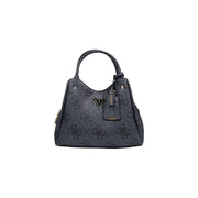 Dark gray Guess handbag with repeating logo pattern metallic hardware shoulder strap and zip pocket