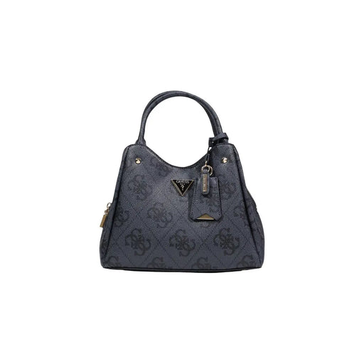 Dark gray Guess handbag with repeating logo pattern metallic hardware shoulder strap and zip pocket