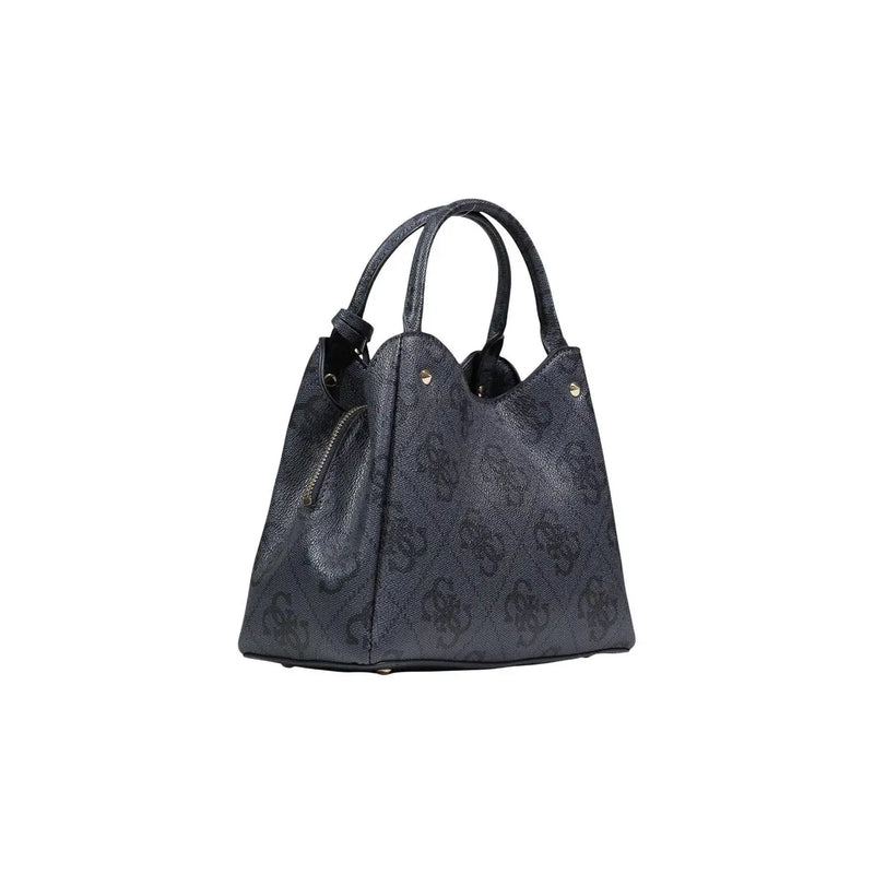 Guess grey print handbag with dark gray subtle logo pattern black leather handles shoulder strap and zip pocket