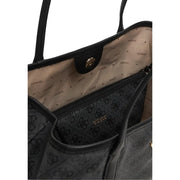 Black Guess tote bag in polyurethane with subtle embossed logo pattern and gold-tone hardware, featuring inner pouch