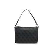 Black Guess shoulder bag with textured surface and repeating logo pattern in grey print polyurethane with inner pouch