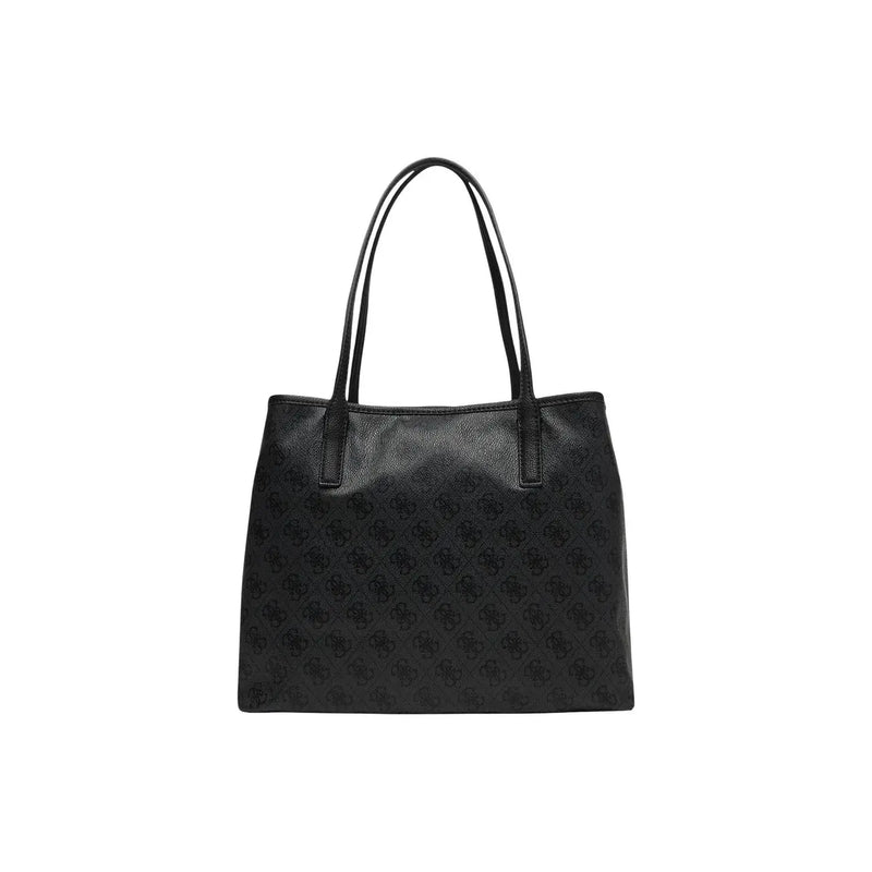 Guess grey print polyurethane bag featuring a black leather tote with subtle embossed pattern and inner pouch