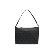 Black Guess shoulder bag with textured surface and repeating logo pattern in grey print polyurethane with inner pouch