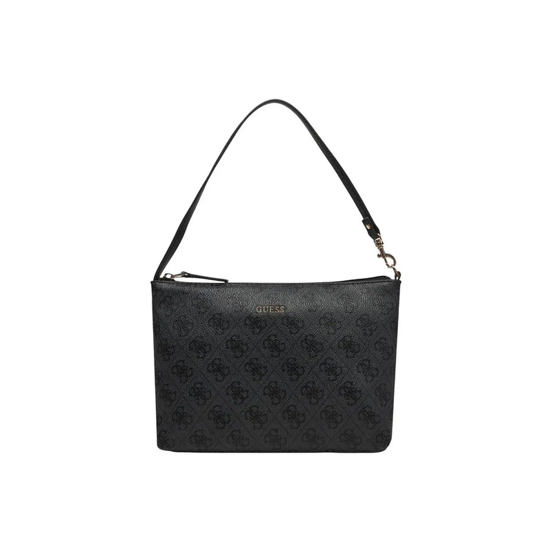 Black Guess shoulder bag with textured surface and repeating logo pattern in grey print polyurethane with inner pouch