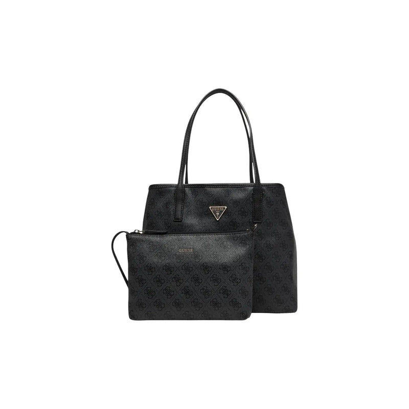Black Guess tote bag in polyurethane with subtle embossed logo pattern and gold-tone hardware, featuring inner pouch