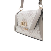 A sleek silver and gray Guess grey print polyurethane handbag with monogram pattern and gold-tone hardware