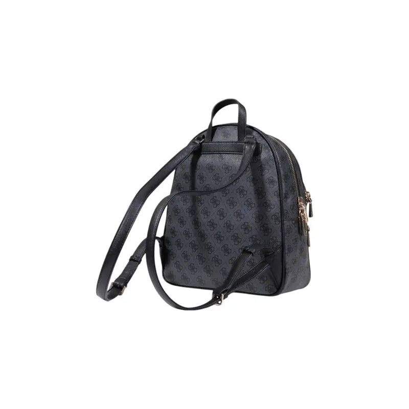 Black Guess grey print rucksack with repeating dark gray bear logo pattern and gold-tone zipper details