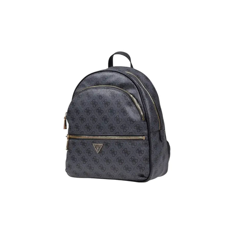 Dark gray Guess grey print rucksack with repeating logo pattern and gold-tone zippers in front view
