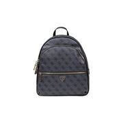 Dark gray guess grey print rucksack with repeating logo pattern and gold-tone zippers featuring multiple pockets