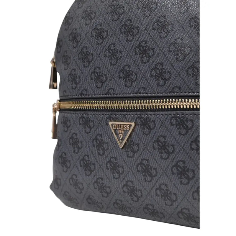 Dark gray Guess grey print rucksack with repeating monogram pattern and gold-tone zippers showing front side