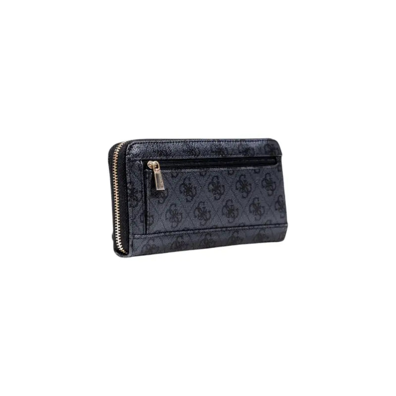 Black guess zip wallet with subtle repeating logo pattern and gold-tone zipper accents for organized storage